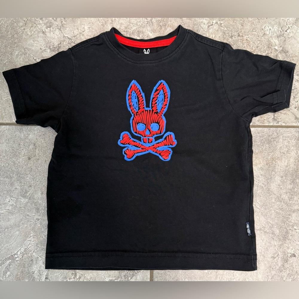 Psycho Bunny Kids Black Tee with Blue and Red Bunny Skull XXS 4